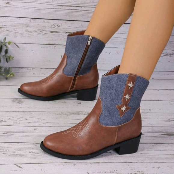 Women's Autumn/Winter New Western Style Side Zipper Ankle Boots, Colorblock High - Picture 1 of 5